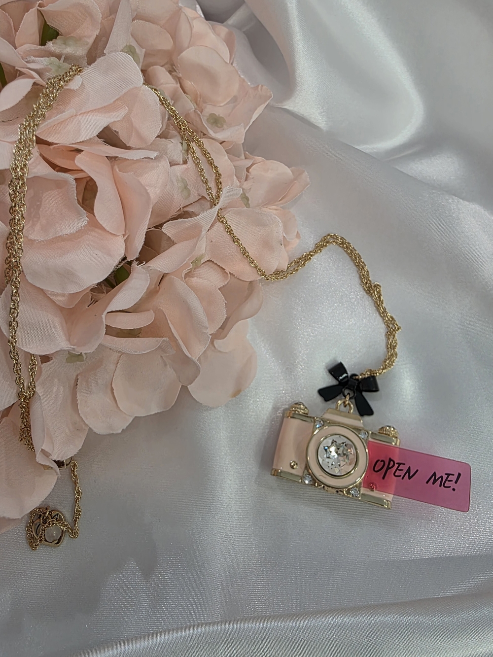 Betsey Johnson - Pink Gold Camera Pendant Necklace with Black Bow